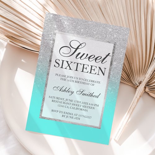 Faux silver glitter teal chic Sweet 16 Invitation