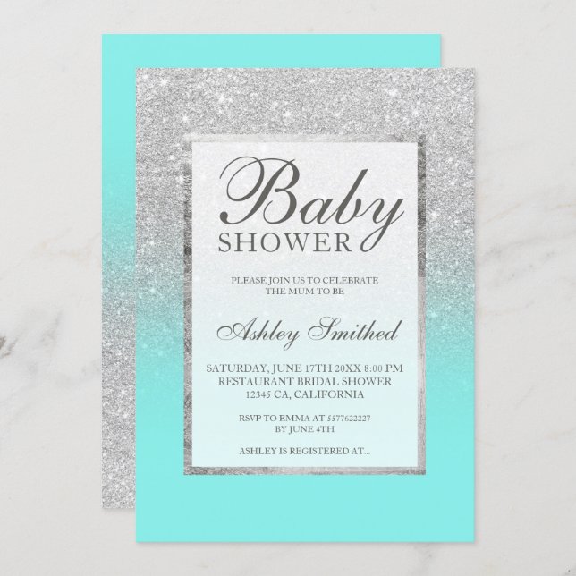 Faux silver glitter teal elegant Baby shower Invitation (Front/Back)