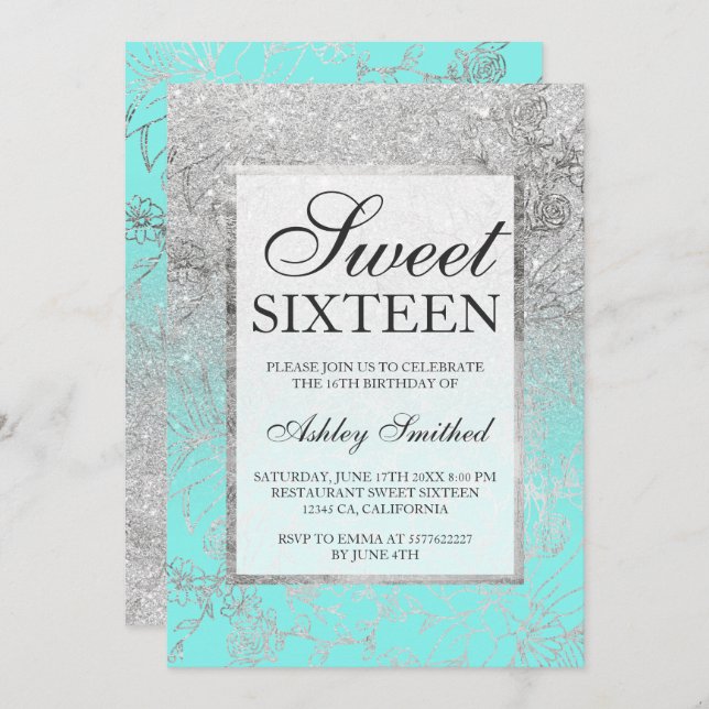 Faux silver glitter teal floral chic Sweet 16 Invitation (Front/Back)