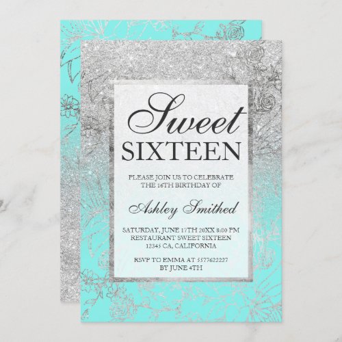 Faux silver glitter teal floral chic Sweet 16 Invitation