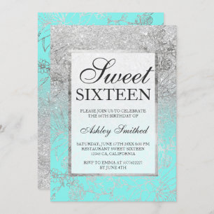Faux silver glitter teal floral chic Sweet 16 Invitation