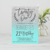 Faux silver glitter teal script 21st Birthday Invitation (Standing Front)