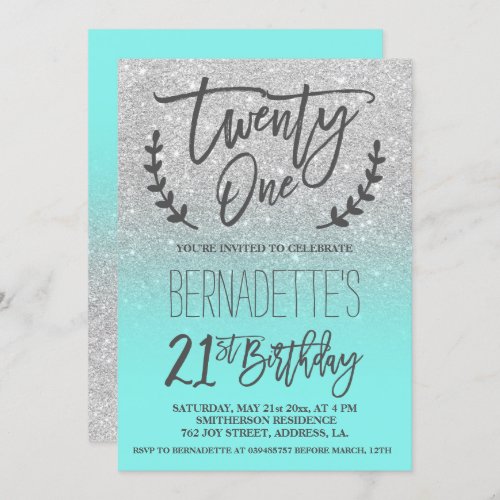 Faux silver glitter teal script 21st Birthday Invitation