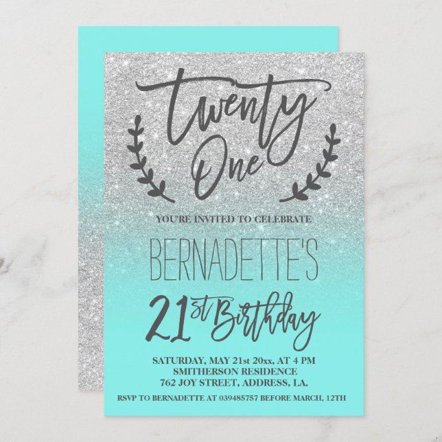 Faux silver glitter teal script 21st Birthday Invitation (Front/Back)