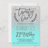 Faux silver glitter teal script 21st Birthday Invitation (Front)