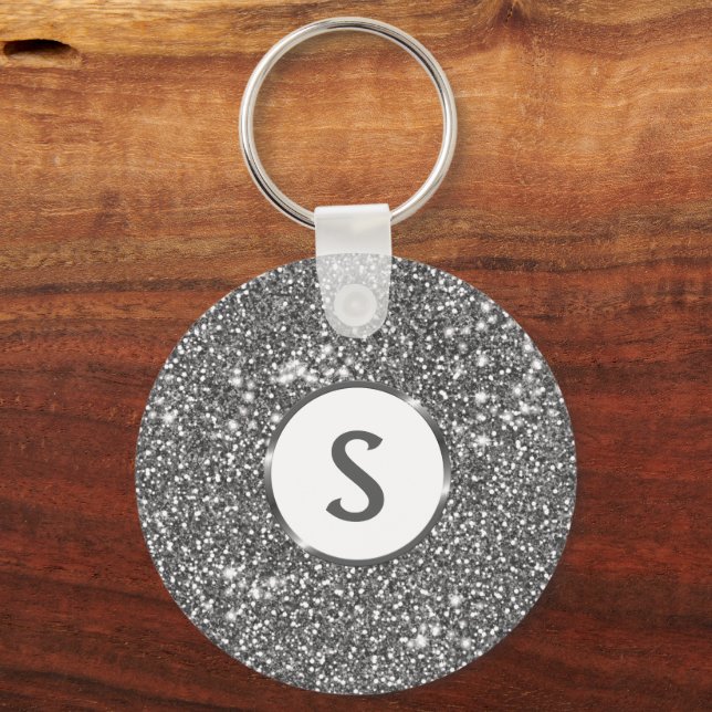 Faux Silver Glitter Texture Look & Custom Monogram Keychain (Front)