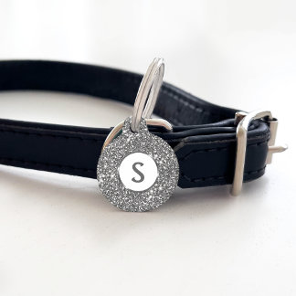 Faux Silver Glitter Texture Look & Custom Monogram Pet ID Tag