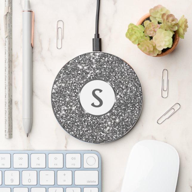 Faux Silver Glitter Texture Look & Custom Monogram Wireless Charger (Desk)