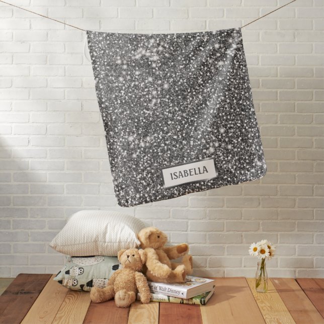Faux Silver Glitter Texture Look & Custom Name Baby Blanket (In Situ)