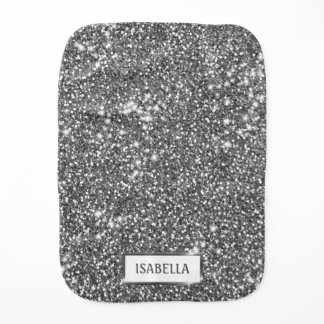 Faux Silver Glitter Texture Look &amp; Custom Name Baby Burp Cloth