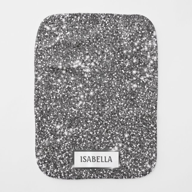 Faux Silver Glitter Texture Look & Custom Name Baby Burp Cloth (Front)