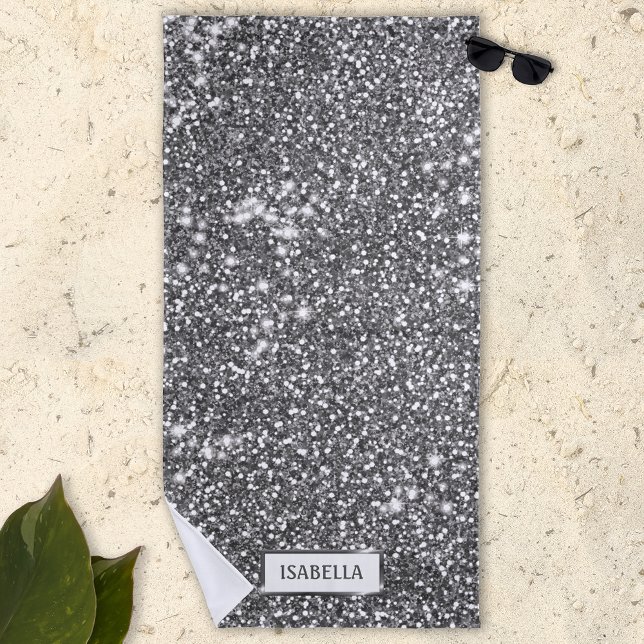 Faux Silver Glitter Texture Look & Custom Name Beach Towel (Creator Uploaded)