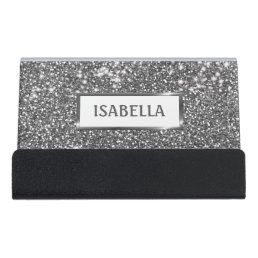 Faux Silver Glitter Texture Look &amp; Custom Name Desk Business Card Holder