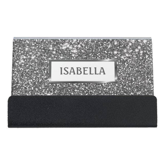 Faux Silver Glitter Texture Look & Custom Name Desk Business Card Holder (Front)