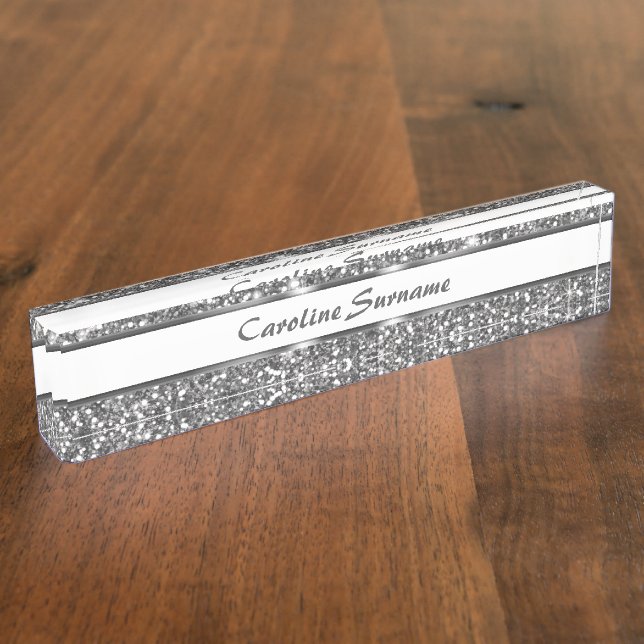 Faux Silver Glitter Texture Look & Custom Name Desk Name Plate (Side)