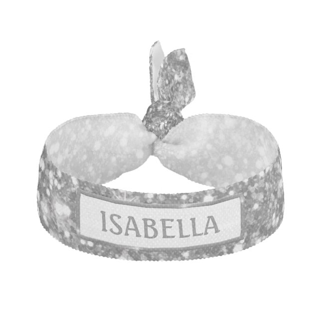 Faux Silver Glitter Texture Look & Custom Name Elastic Hair Tie (Front)