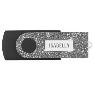 Faux Silver Glitter Texture Look &amp; Custom Name Flash Drive