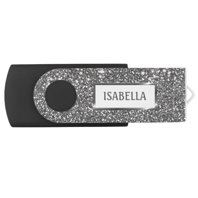 Faux Silver Glitter Texture Look & Custom Name Flash Drive (Front)
