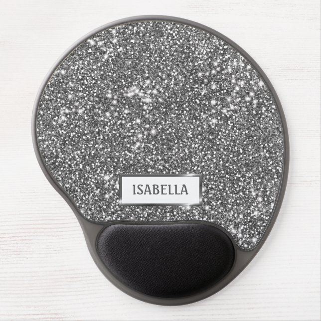 Faux Silver Glitter Texture Look & Custom Name Gel Mouse Pad (Front)