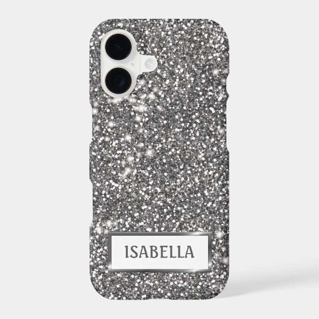 Faux Silver Glitter Texture Look & Custom Name Iphone Case (Back)