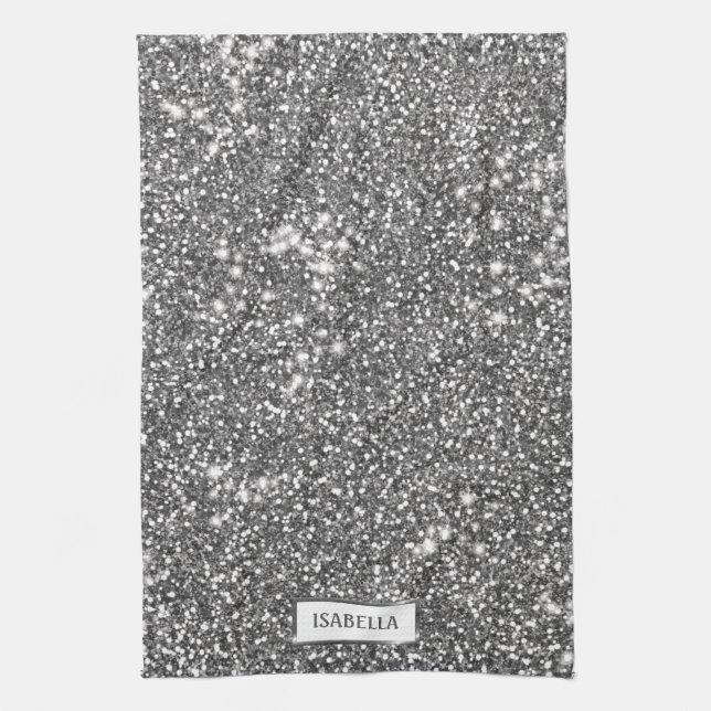 Faux Silver Glitter Texture Look & Custom Name Kitchen Towel (Vertical)