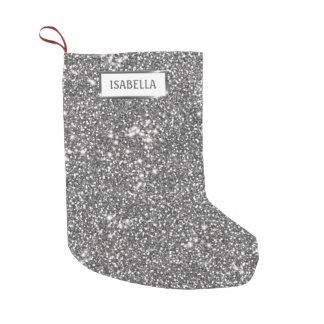 Faux Silver Glitter Texture Look &amp; Custom Name Small Christmas Stocking