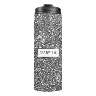 Faux Silver Glitter Texture Look &amp; Custom Name Thermal Tumbler