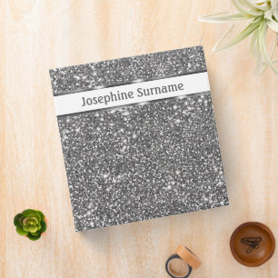 Faux Silver Glitter Texture Look & Custom Text 3 Ring Binder