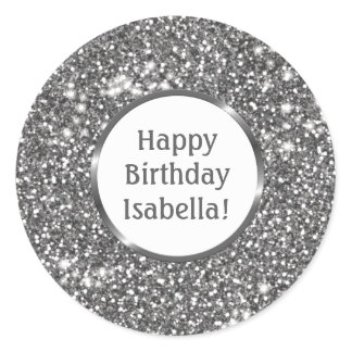 Faux Silver Glitter Texture Look &amp; Custom Text Classic Round Sticker