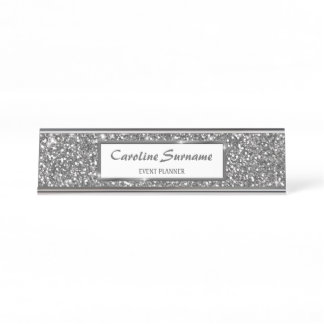 Faux Silver Glitter Texture Look &amp; Custom Text Desk Name Plate