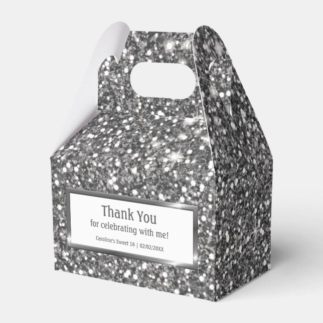 Faux Silver Glitter Texture Look & Custom Text Favor Boxes (Front Side)