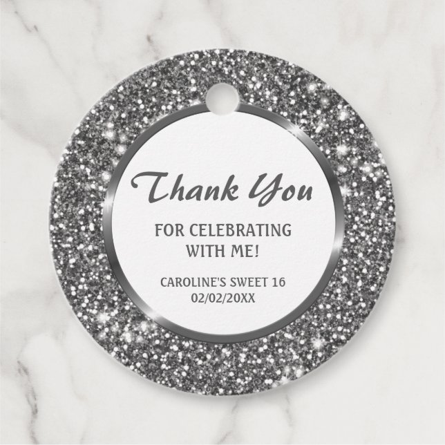 Faux Silver Glitter Texture Look & Custom Text Favor Tags (Front)
