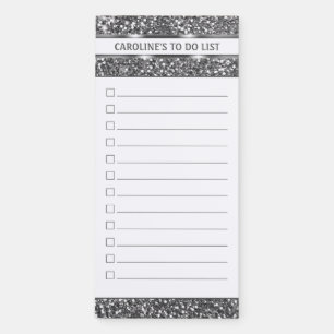 Faux Silver Glitter Texture Look & Custom Text Magnetic Notepad
