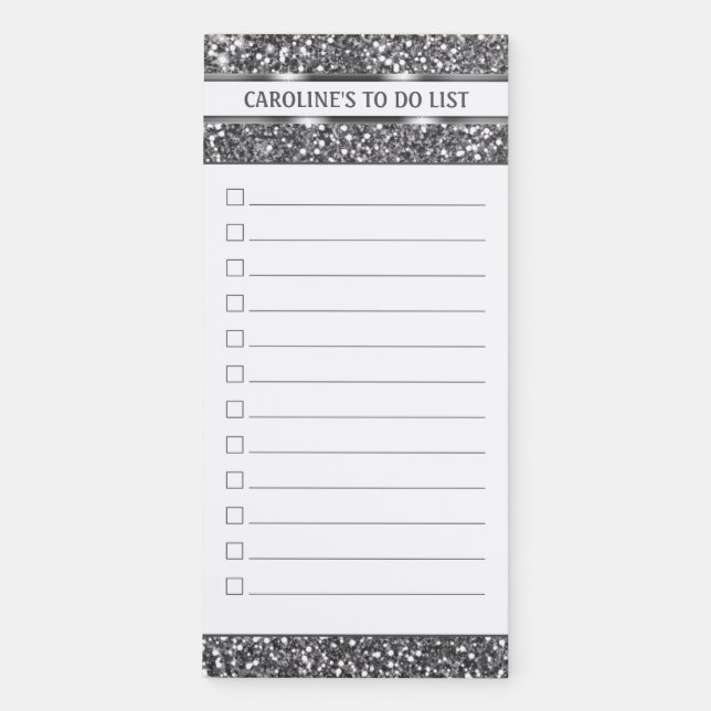 Faux Silver Glitter Texture Look & Custom Text Magnetic Notepad (Front)