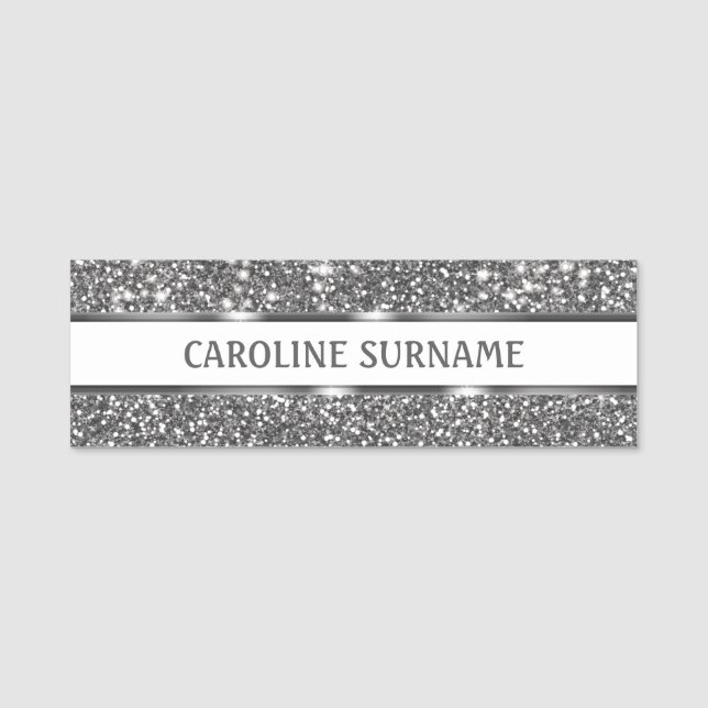 Faux Silver Glitter Texture Look & Custom Text Name Tag (Front)