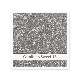 Faux Silver Glitter Texture Look &amp; Custom Text Napkins