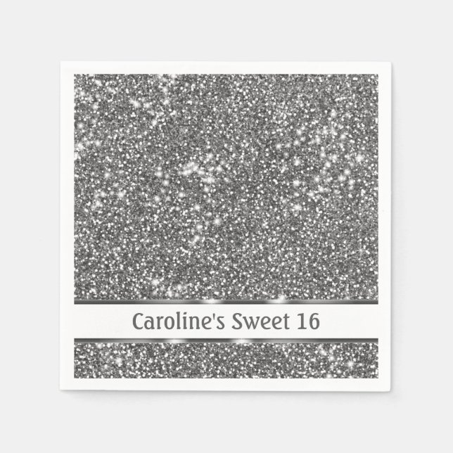 Faux Silver Glitter Texture Look & Custom Text Napkins (Front)