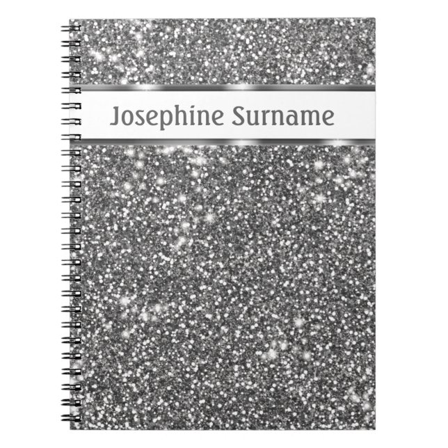 Faux Silver Glitter Texture Look & Custom Text Notebook (Front)