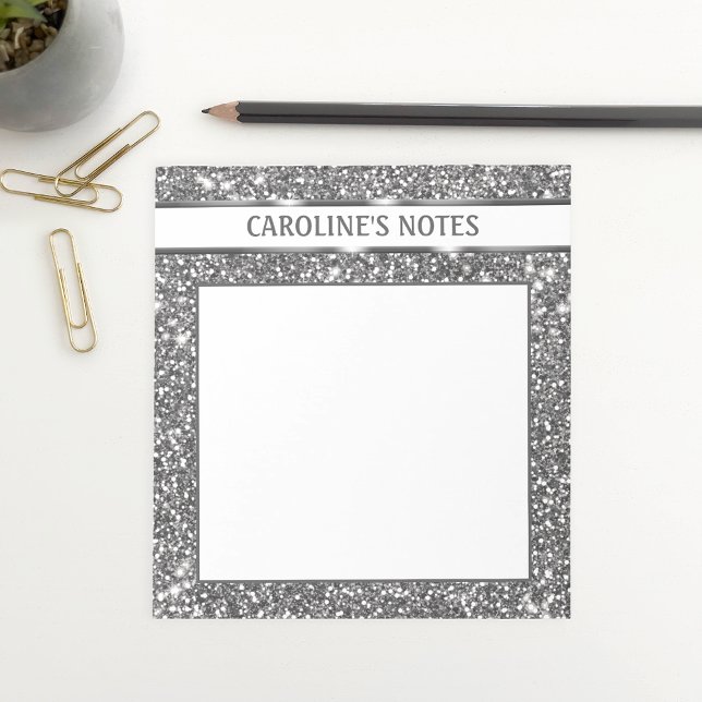 Faux Silver Glitter Texture Look & Custom Text Notepad (This printed silver glitter look adds a chic touch to any desk. Personalize your title on the top!)