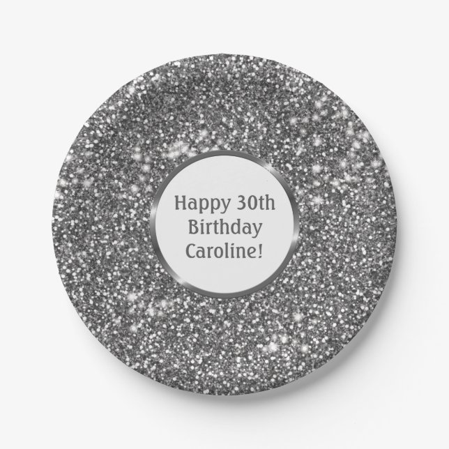 Faux Silver Glitter Texture Look & Custom Text Paper Plates (Front)