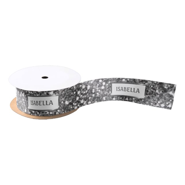 Faux Silver Glitter Texture Look & Custom Text Satin Ribbon (Spool)