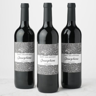 Faux Silver Glitter Texture Look &amp; Custom Text Wine Label