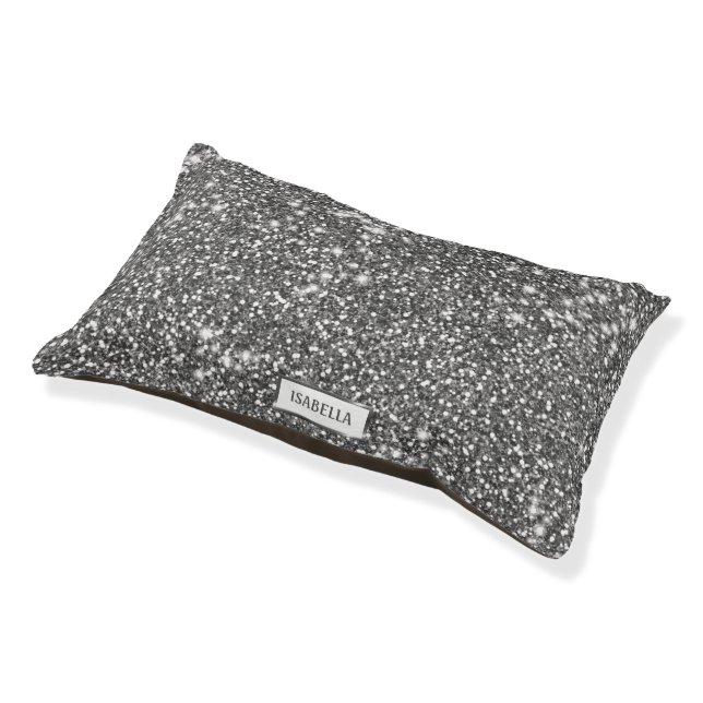 Faux Silver Glitter Texture Look & Pet's Own Name Pet Bed (Angled)