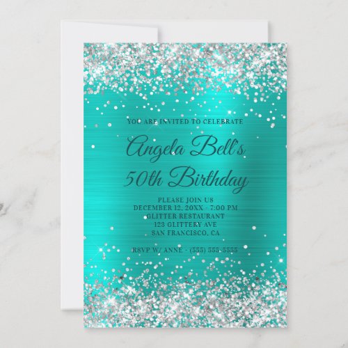 Faux Silver Glitter Turquoise Foil 50th Birthday Invitation
