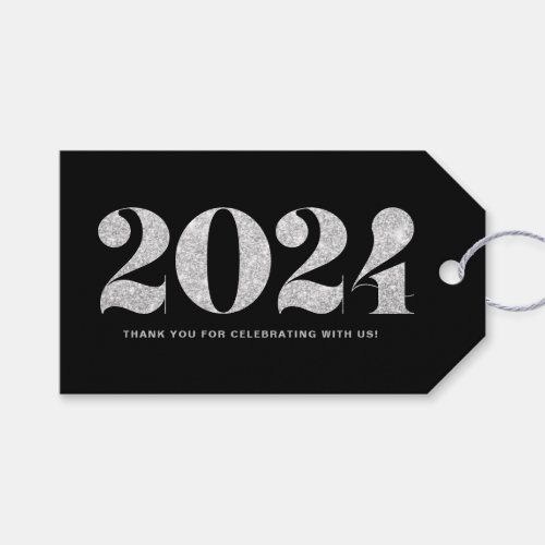 Faux Silver Glitter Typography 2024 New Year Black Gift Tags