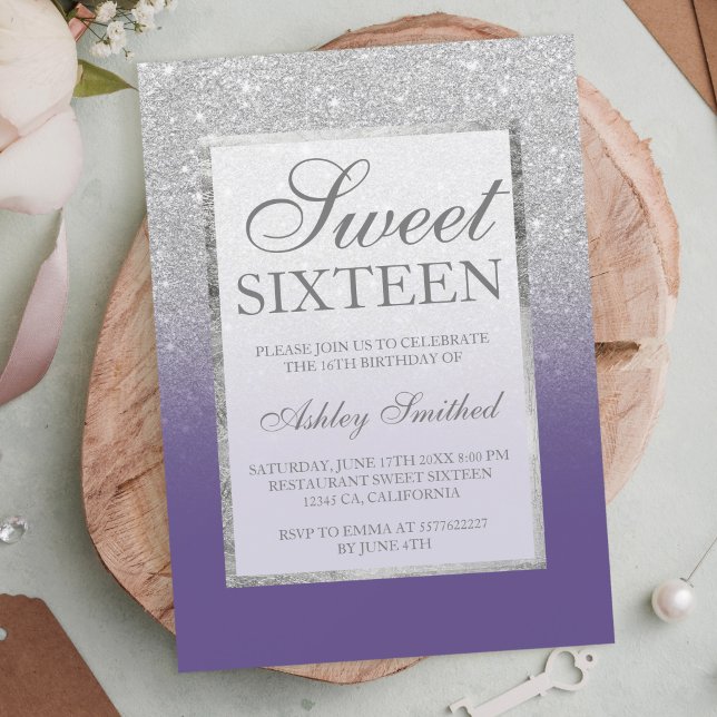 Faux silver glitter violet elegant chic Sweet 16 Invitation