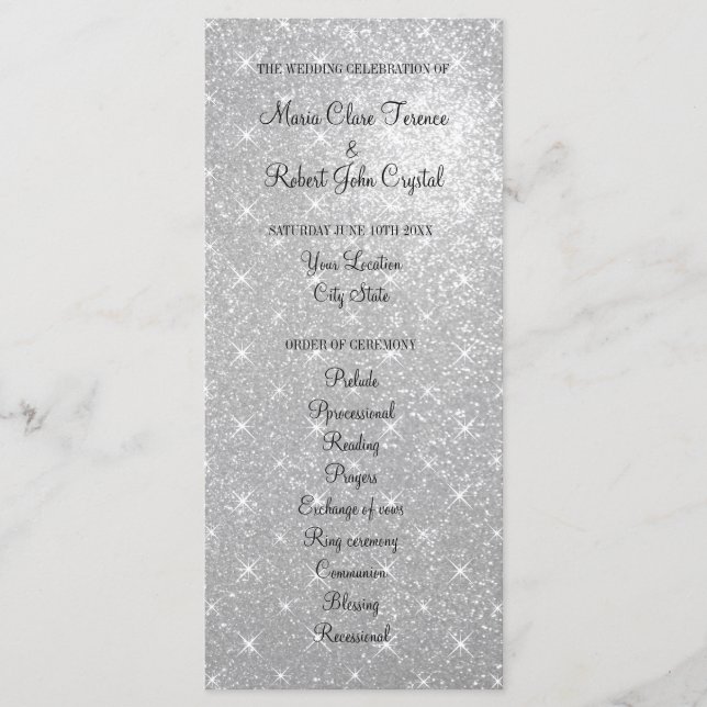 Faux silver glitter wedding ceremony program (Front)