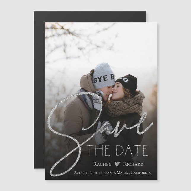 Faux Silver Glitter Wedding Photo Save The Date Magnetic Invitation (Front/Back)