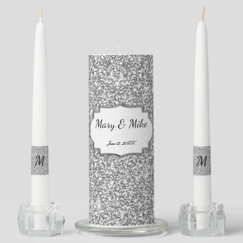 Faux Silver Glitter Wedding Unity Candle Set