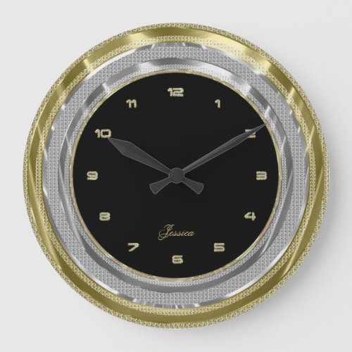 Faux Silver  Gold Border Custom Black Background Large Clock